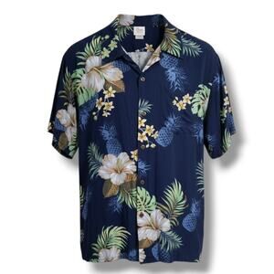 Hawaii Hangover Men’s Navy Tropical Floral Hawaiian Shirt Rayon Medium